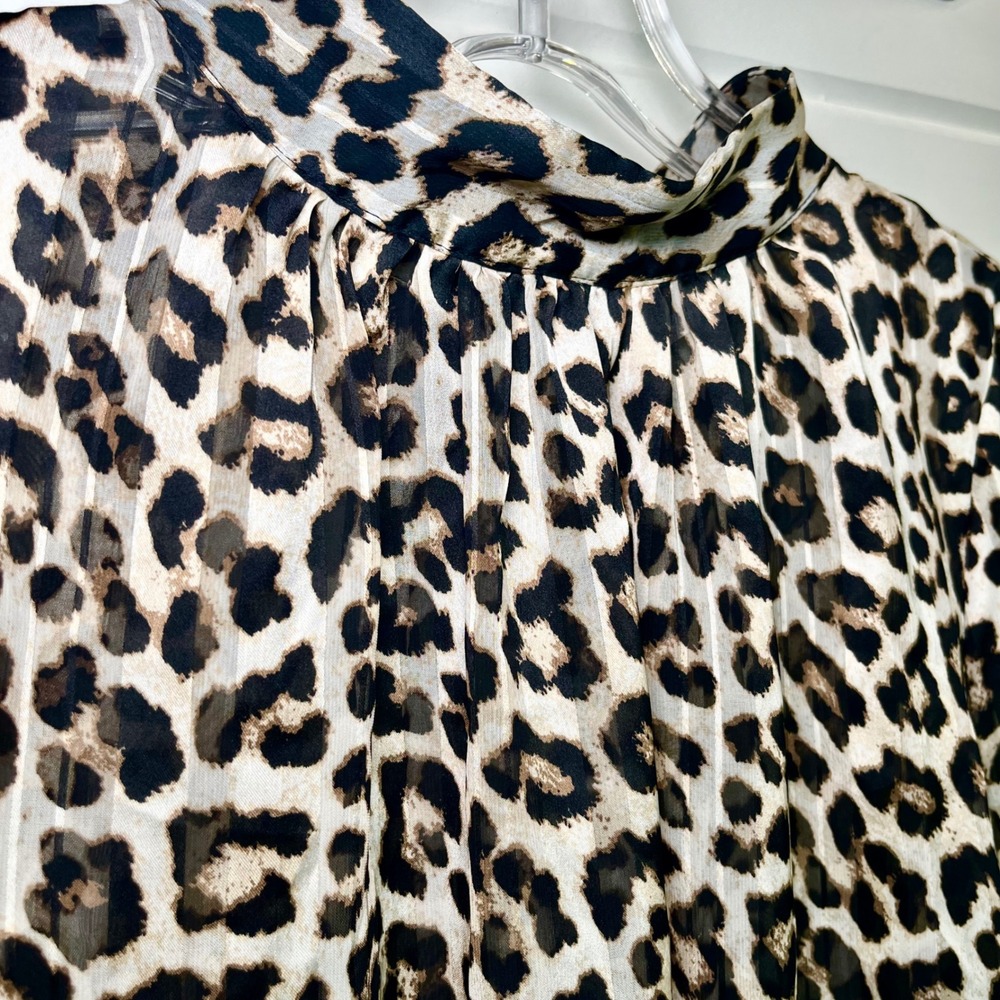 H&M Leopard Print Sheer Blouse Womens L Brown Mock Neck Long Sleeve Chic Office - Picture 3 of 12